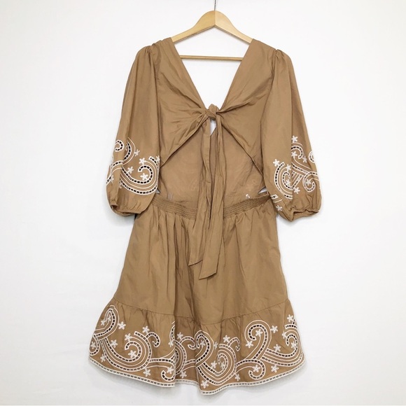 Express tan embroidered v neck open back tie back dress - Picture 2 of 13